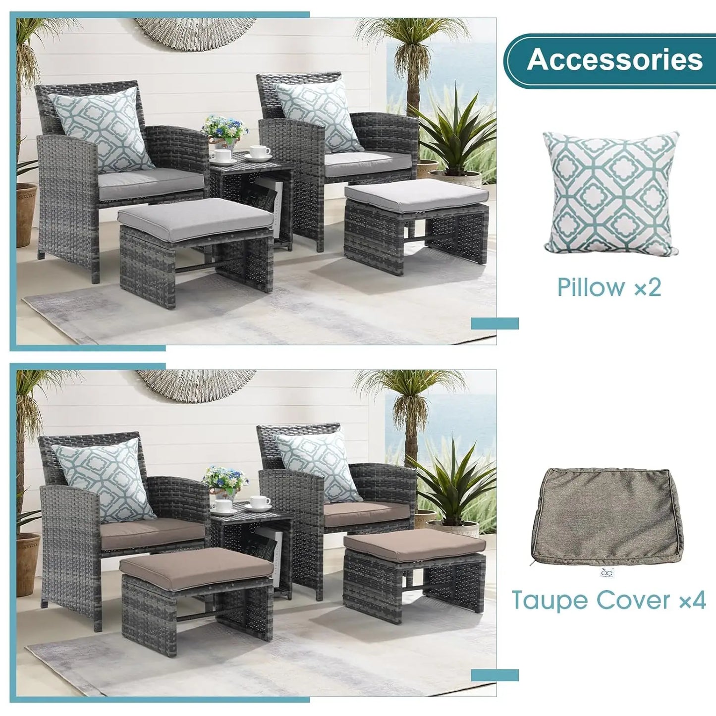 5 Piece Patio Furniture Set, Wicker Outdoor Conversation Chair and Ottoman Set with Coffee Table, Pillows Included,, Customized