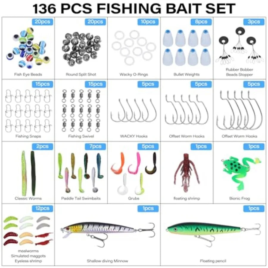 Fishing Backpack with Tackle Boxes, Waterproof Fishing Shoulder Bag with Rod Holder, Fish Bag with 136 Pcs Fishing Lures Kit, F