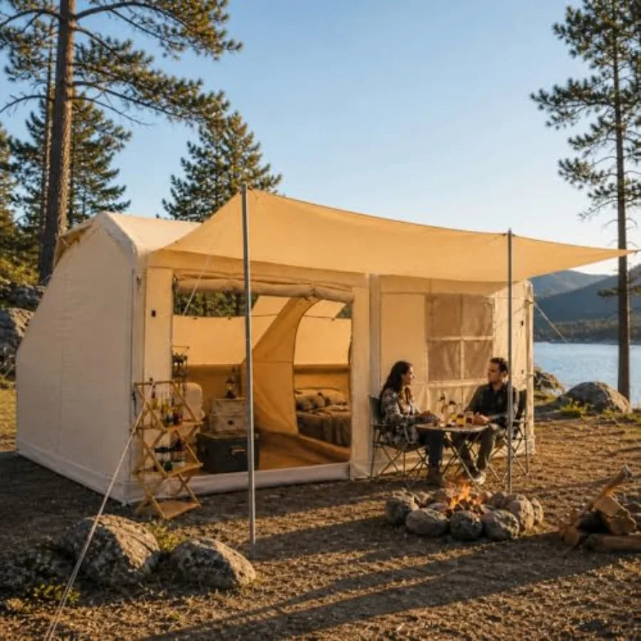 Inflatable Camping Tent, 8-10 Person Large Family Glamping Tent with Pump, Easy Setup Blow Up Tent with Stove Jack, Mesh Windows