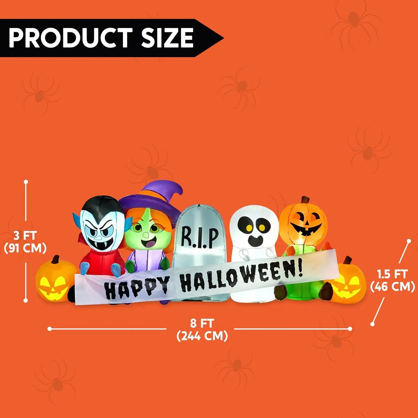 8 FT Long Pumpkin Ghost Vampire Witch Tombstone Inflatable Halloween Decor Outdoor Halloween Blow Up Decorations Inflatable  with LEDs for Yard Decorations