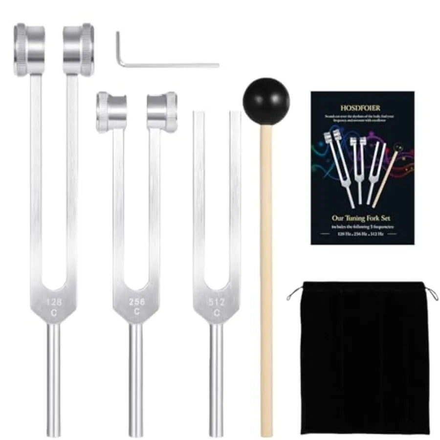 Tuning Forks for Healing Set 128Hz, 256Hz, 512Hz,Weighted Tuning Fork for Sound Therapy/Meditation/Yoga and Chakra with Mallet,