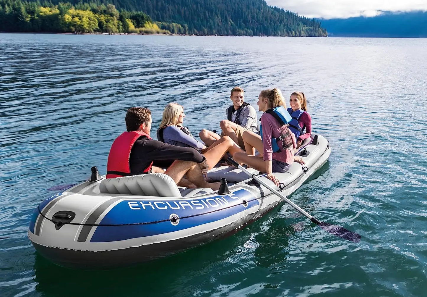 5 Person Inflatable Boat Set - Large 1,300 Lb Capacity Fishing Raft with Oars, Pump, Rod Holders