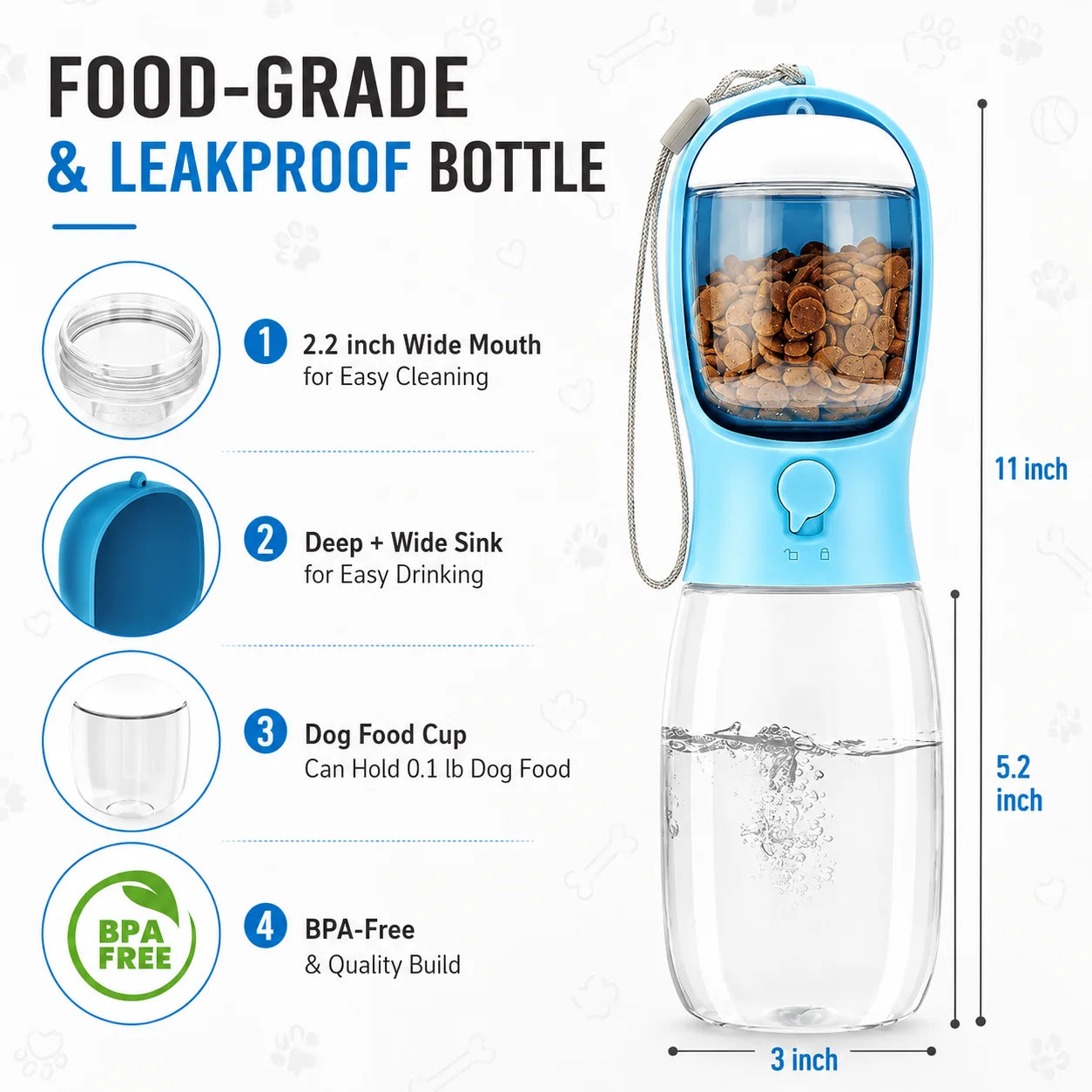 Portable Dog Water Bottle with Food Container, Leak-Resistant 3-in-1 Pet Travel Dispenser with Bowl for Small Dogs and Cats