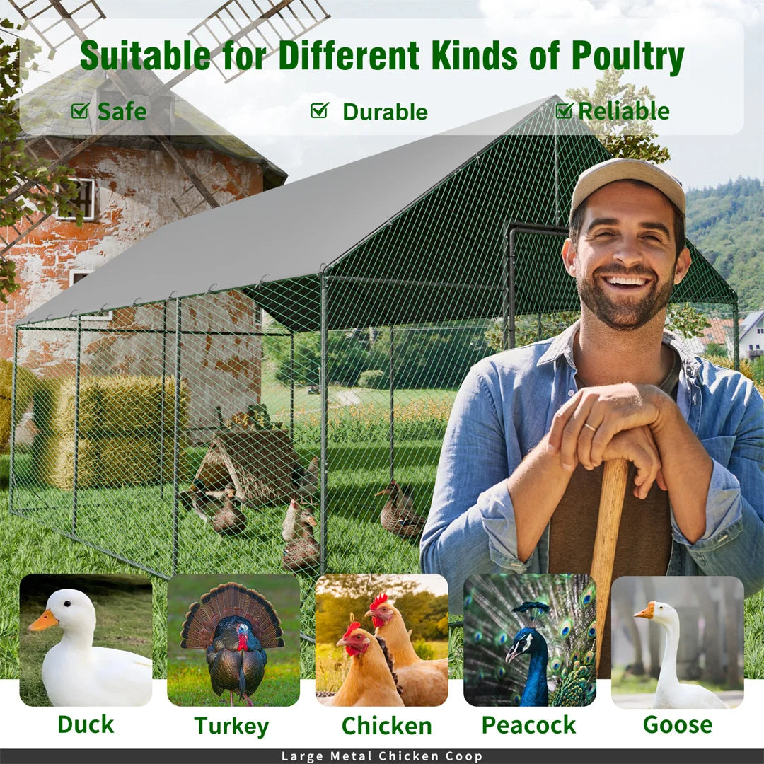 BINGOPAW Large Outdoor Chicken Coop with Metal Turkey Running Cage Duck House Waterproof 600D Oxford Cloth Cover for Backyard