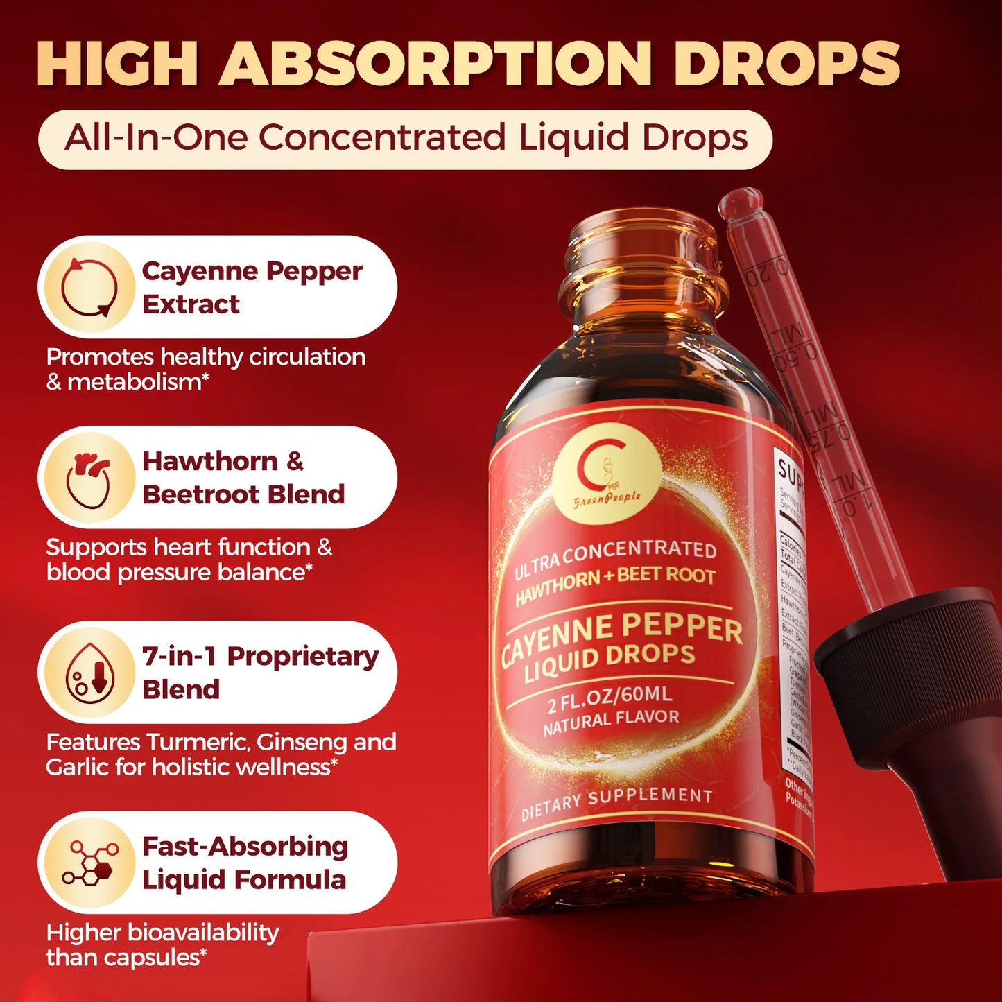 Organic Cayenne Pepper Drops 7-in-1 Complex Turmeric ,Ginseng Garlic Supplement Support Heart Function& Blood Pressure Balance
