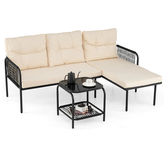 3-Piece L Shaped Patio Furniture Set w/Tempered Glass Table Back & Seat Cushions