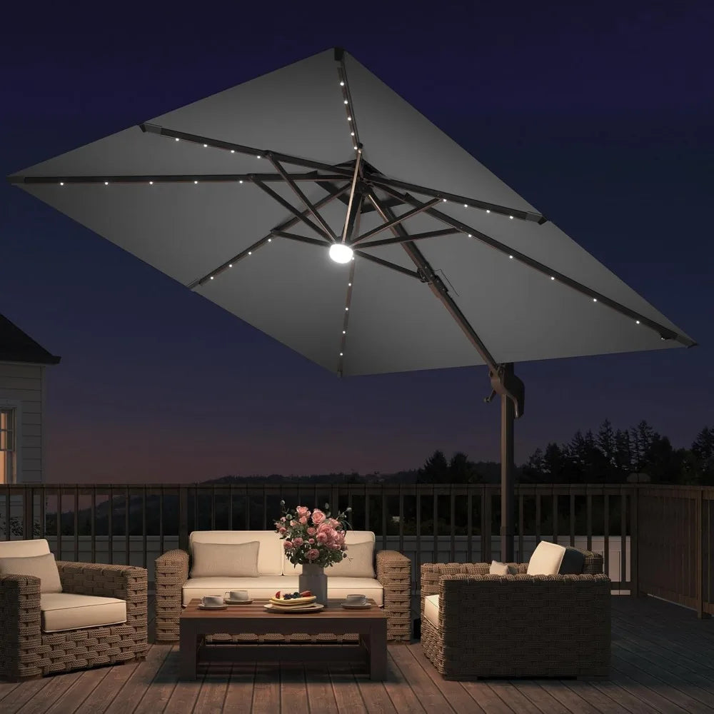 9x9 FT Outdoor Cantilever Patio Umbrella with Base Included and Solar LED Lights, Large Heavy Duty 2-Tier Square, Customized