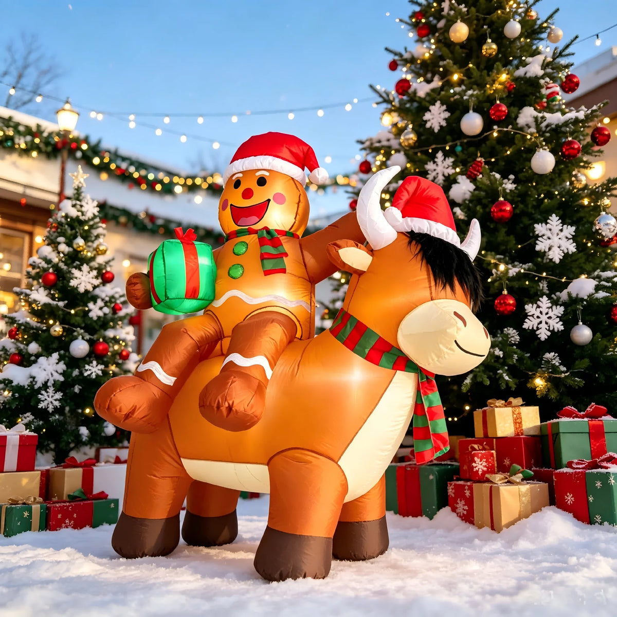 6FT Christmas Inflatables Gingerbread Man on Highland Cow Outdoor Decorations,