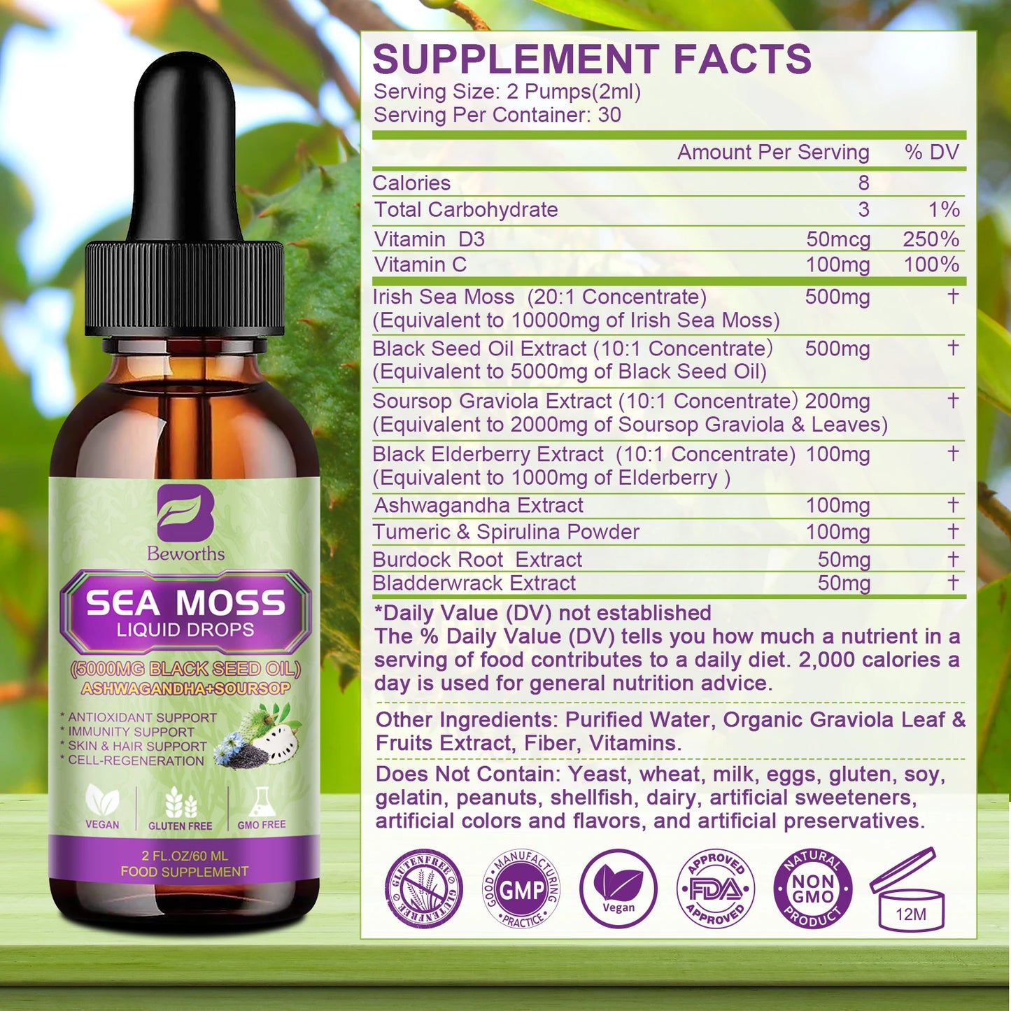 BEWORTHS 60ML Sea Moss Extract Drop Support Immunity and Kidney Health, Promote Digestion and Antioxidation