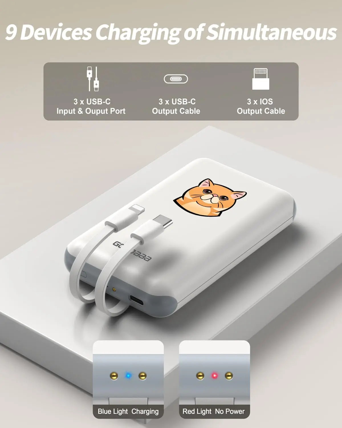 10000mAh Power Bank 3-Pack with Charging Dock, Built-in Cables, 9-Device Charging, Stickers Included