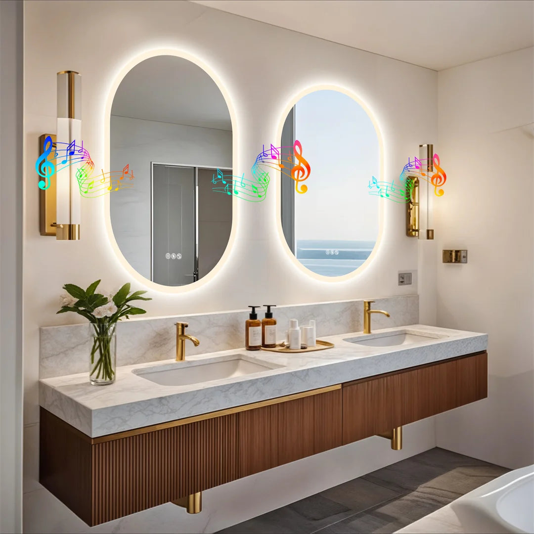 60x90cm Smart Frameless LED Mirror Bathroom, Wall Mounted with Bluetooth Speaker, 3 Color Dimmable Anti-Fog IP44 Waterproof Vanity Mirror for Home