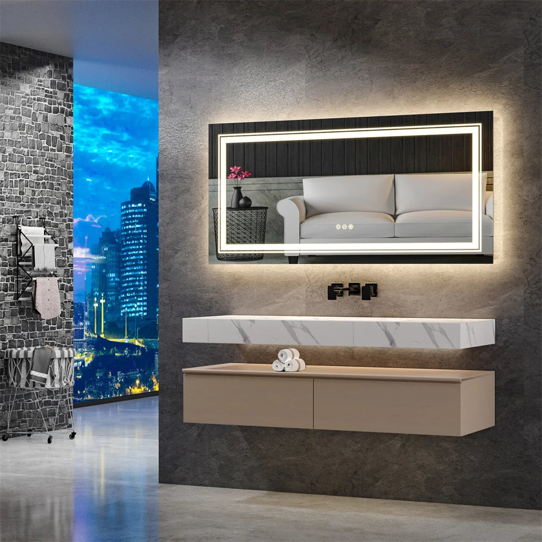 LUVODI Large Full-Length Mirror for Bathroom Double Sink Dressing Salon with 3-Color Lights Adjustable Illumination Makeup Mirror