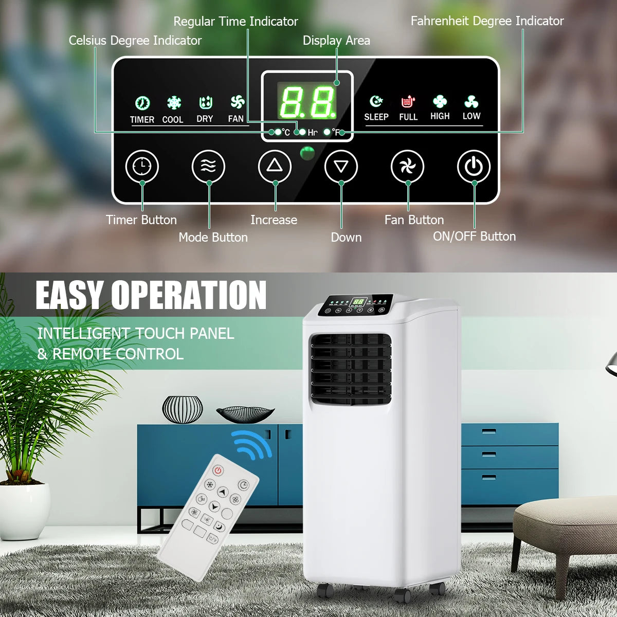 9000 BTU Portable Air Conditioner & Dehumidifier Function Remote w/ Window Kit