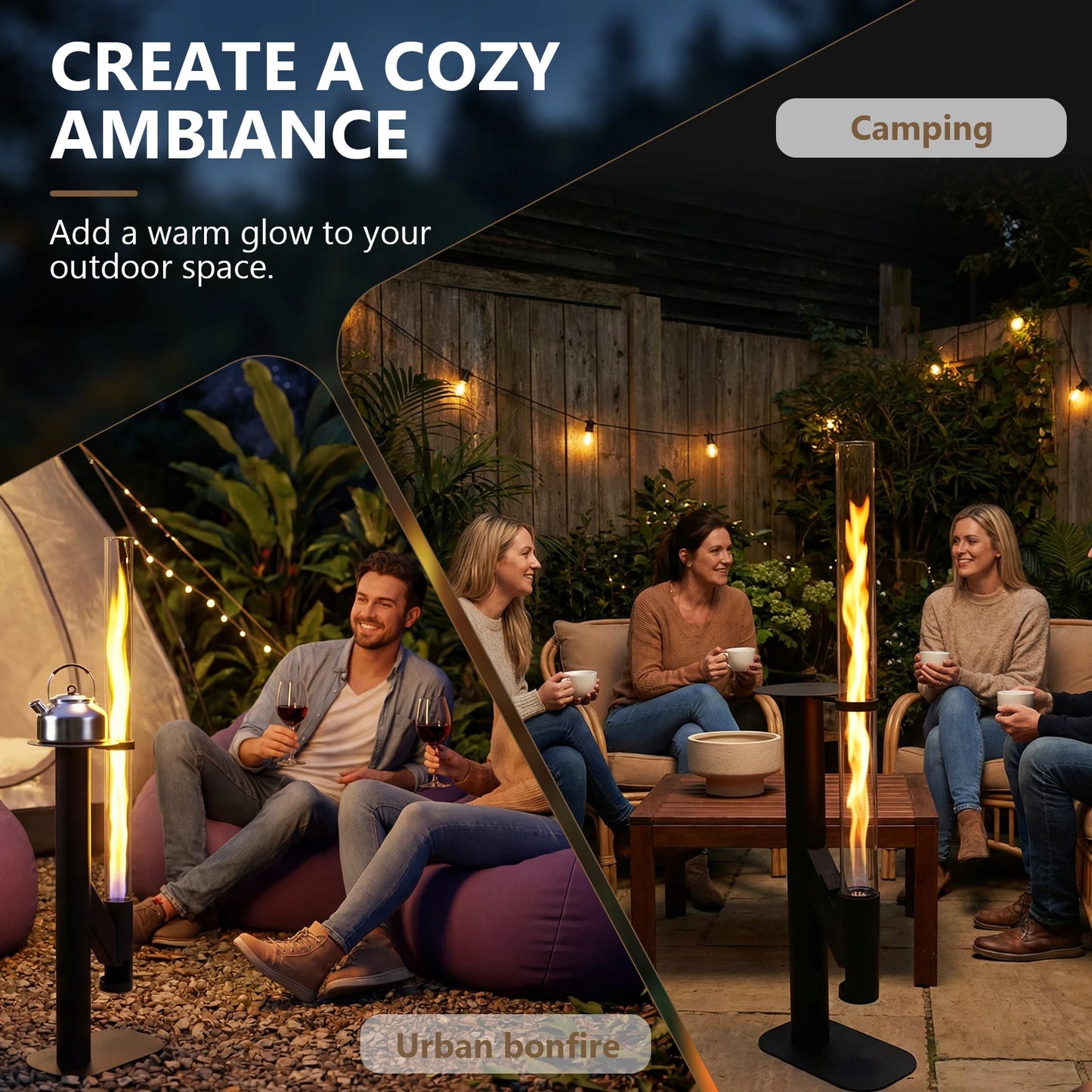50.79in Ornamental Pellet Flame with Glass Tube Portable Wood Pellet Fire Pit with Table for Porch Party RV Tailgating Camping