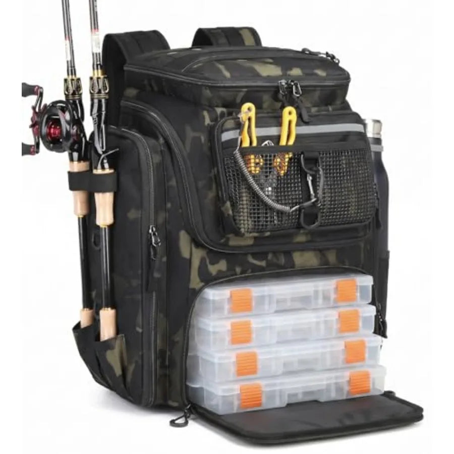 Fishing Backpack 45L with Rod Holders, Water-Resistant Tackle Backpack for Fishermen, Large Capacity Fishing Gear Bag for Trave