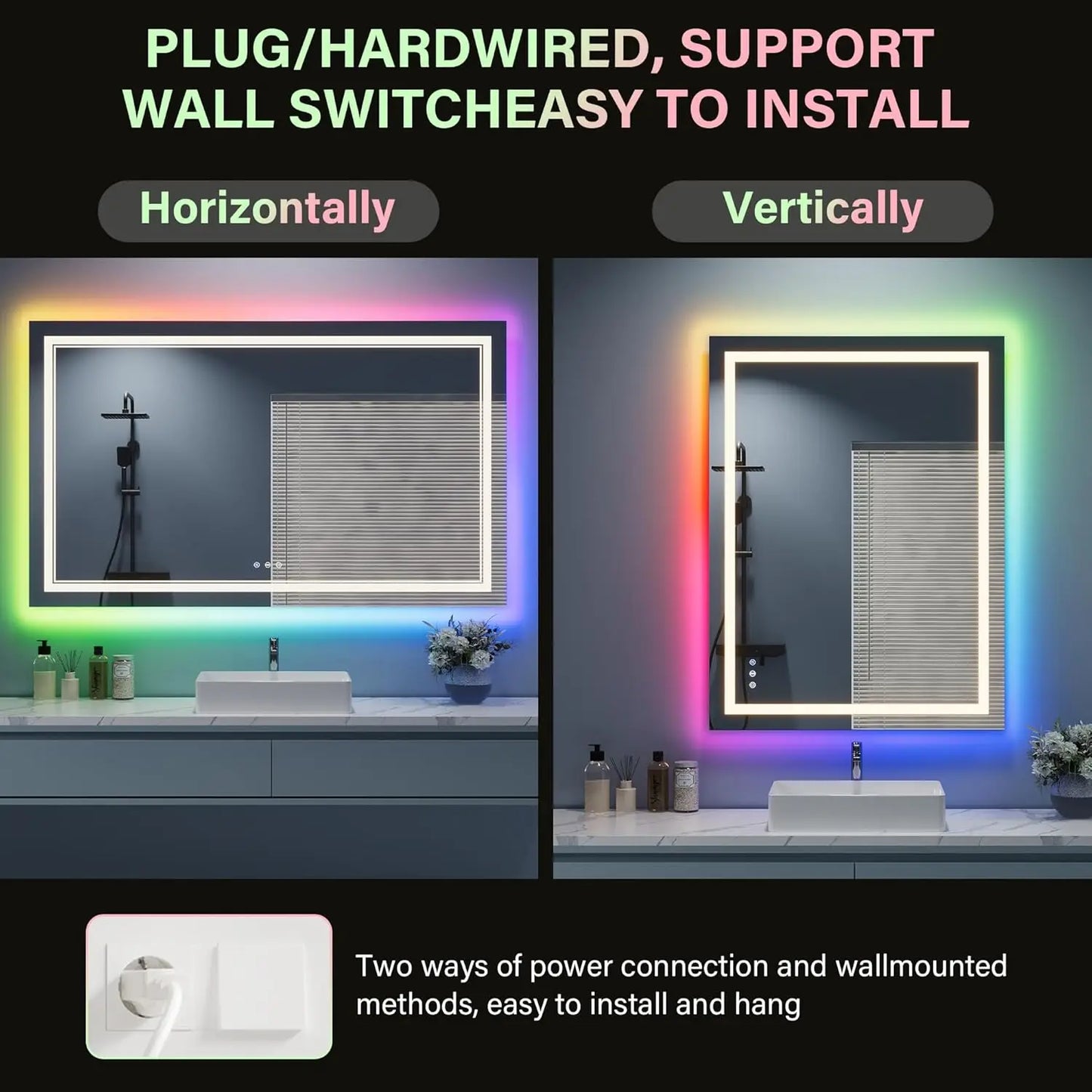 Led Bathroom Mirror With Rgb Function Double Lights, Anti-Fog Wall Bathroom Mirror Vanity Mirror With Memory Function