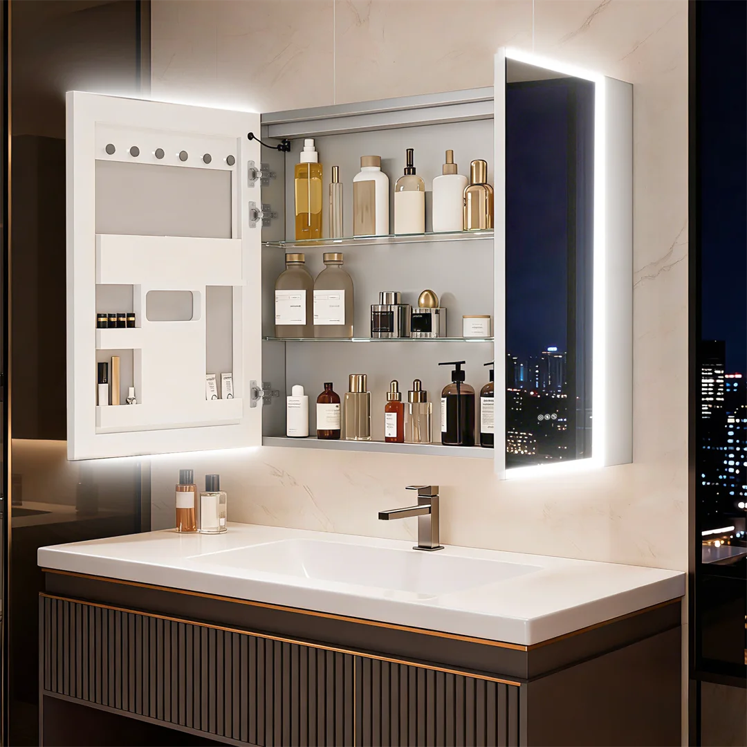 LUVODI Double Door LED Bluetooth Bathroom Mirror Cabinet,Lighted Vanity Cabinet 80x70cm,Adjustable Glass Shelves
