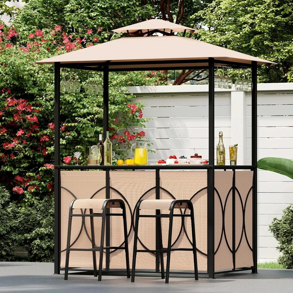 3-Piece Patio Bar Set, Grill Gazebo & 2 Bar Stools with Tempered Glass Bar Table, Metal Storage Shelves, Glass, Customized