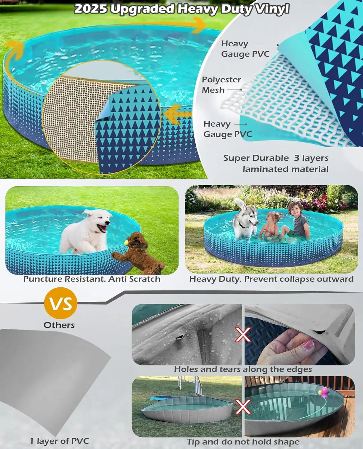 Foldable Hard Plastic Kiddie Pool for Kids & Dogs - Collapsible Wading Pool with Drain, 71 Inch