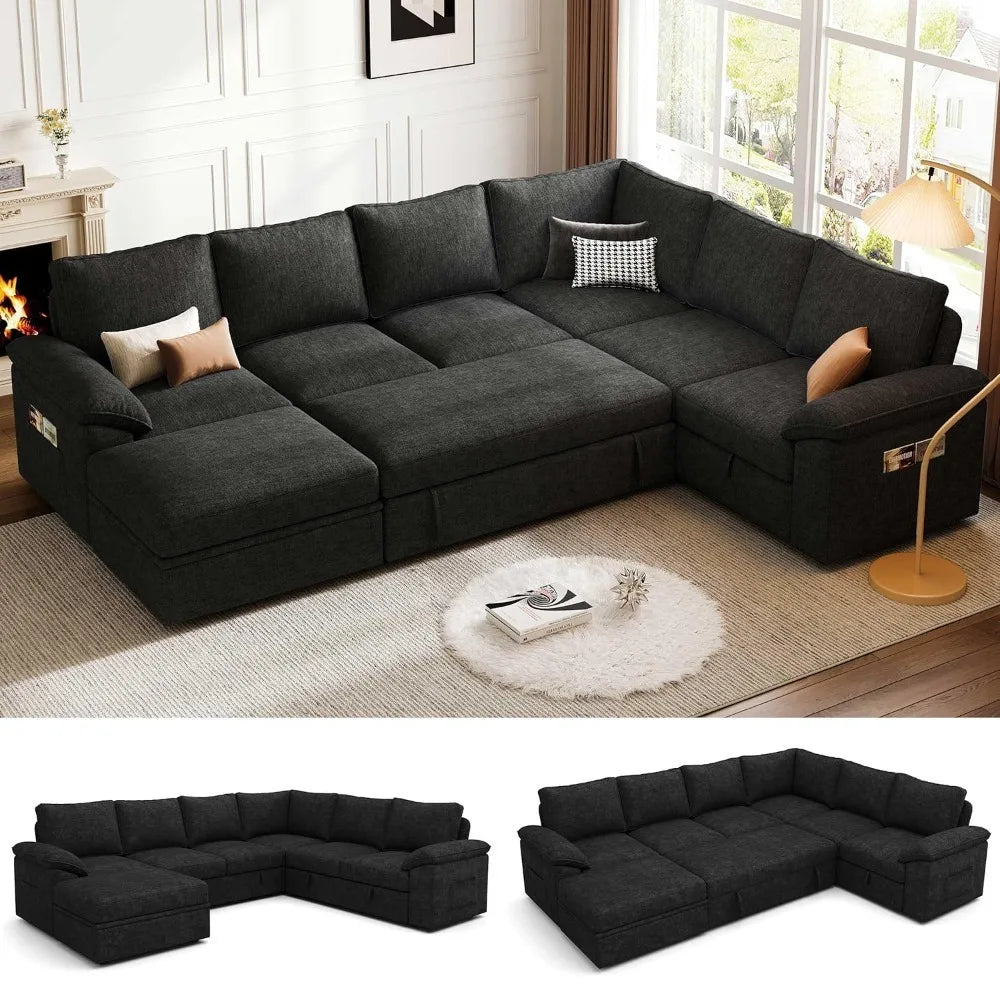 108 Inch Modular Sectional Sofa with Pull Out Bed, U Shaped 7 Seat Sectional Sleeper Sofa with Storage, Sectional, Customized