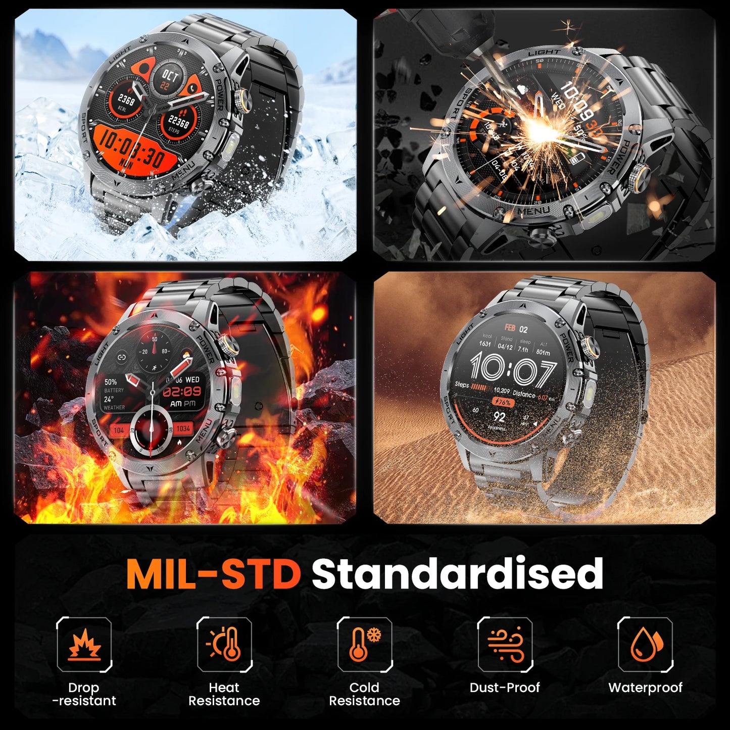 2026 Military Smart Watch Men 1.7" HD Screen 1000mAh 100+ Sport Modes Bluetooth Call Flashlight 24H Health Monitor Waterproof Smartwatch