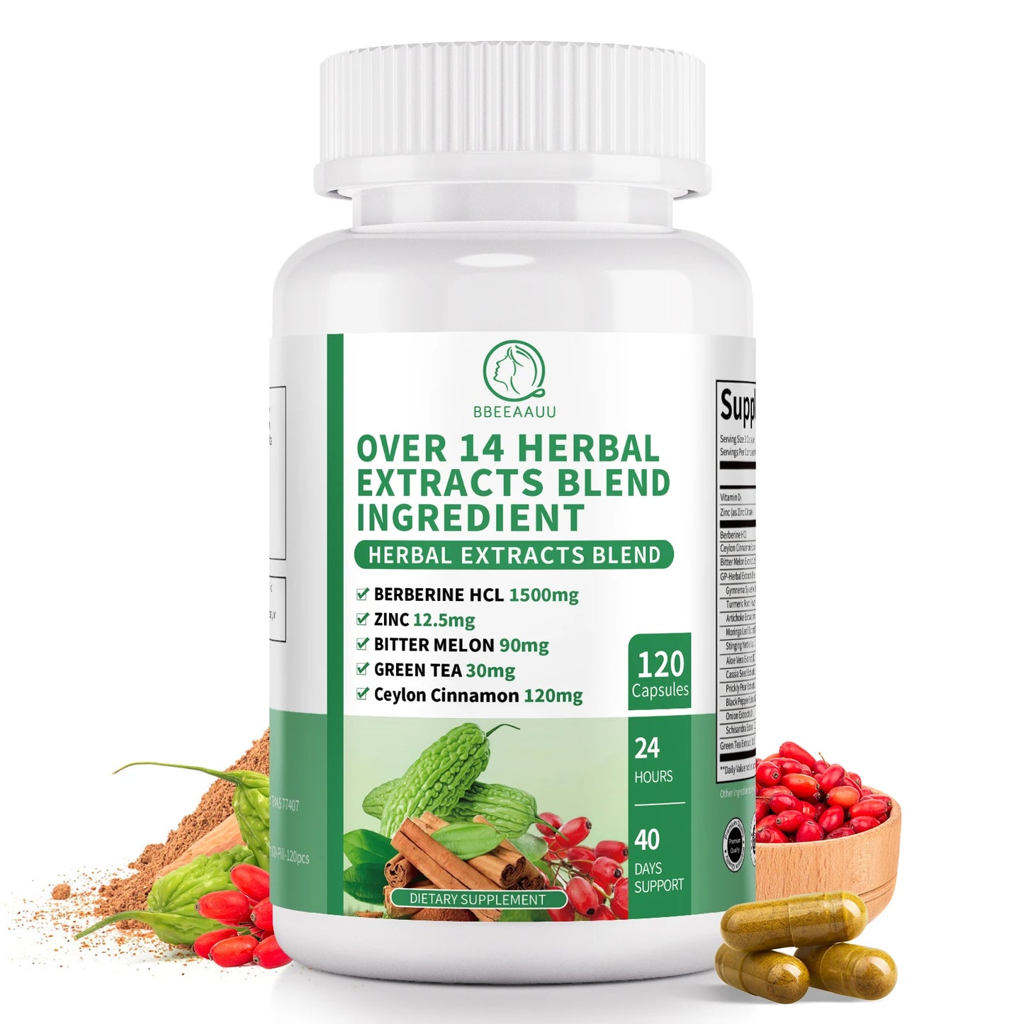 BBEEAAUU 1500MG Berberine HCL with Cinnamon, Bitter Gourd Promotes Liver Function, Gut Health, Immunity Health