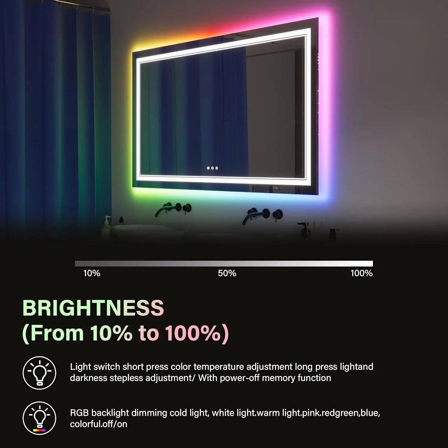 Led Bathroom Mirror With Rgb Function Double Lights, Anti-Fog Wall Bathroom Mirror Vanity Mirror With Memory Function