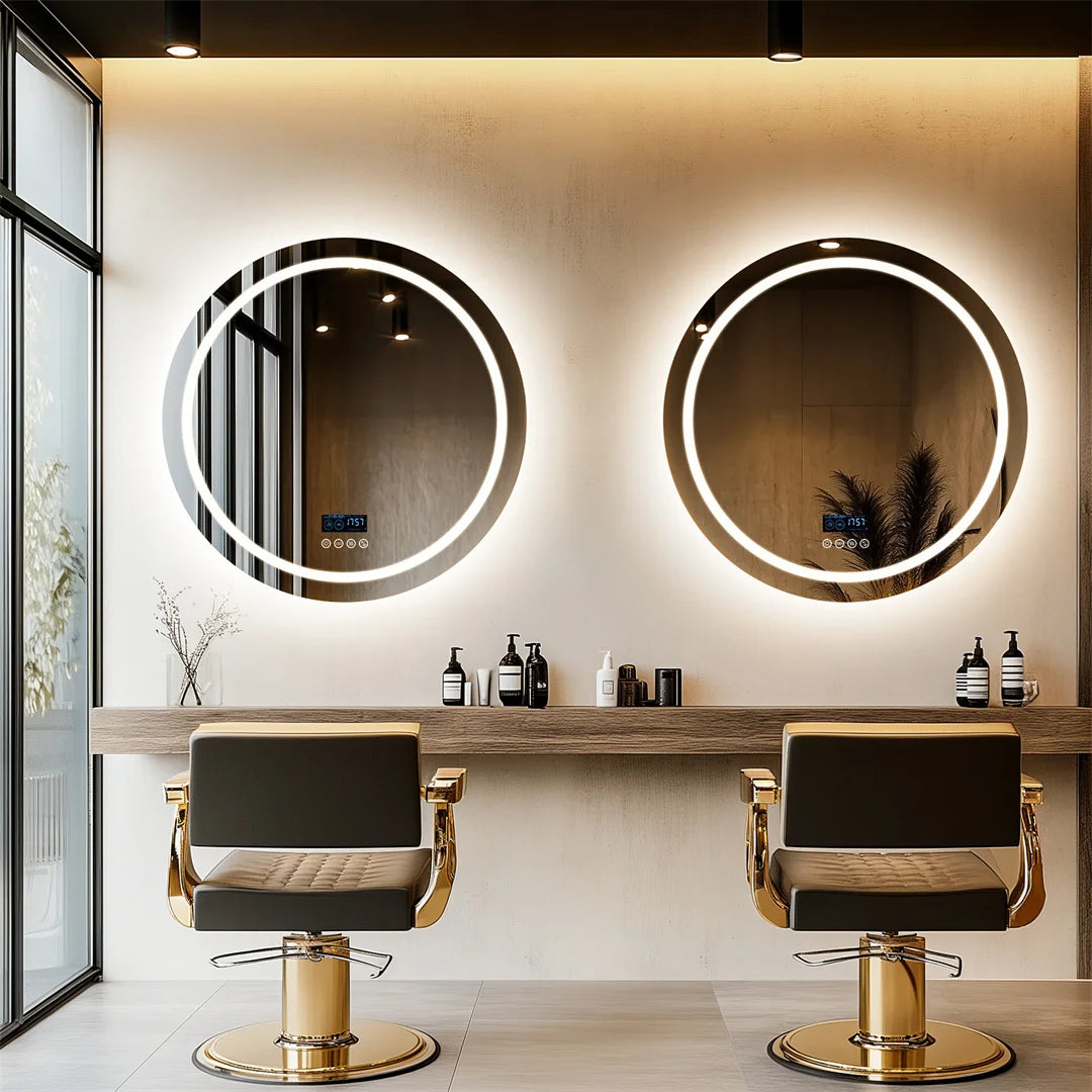 LUVODI Round Bathroom Mirror with Dual Bluetooth Speakers Anti-Fog Lighted Shower Vanity Mirror with Time Weather Display