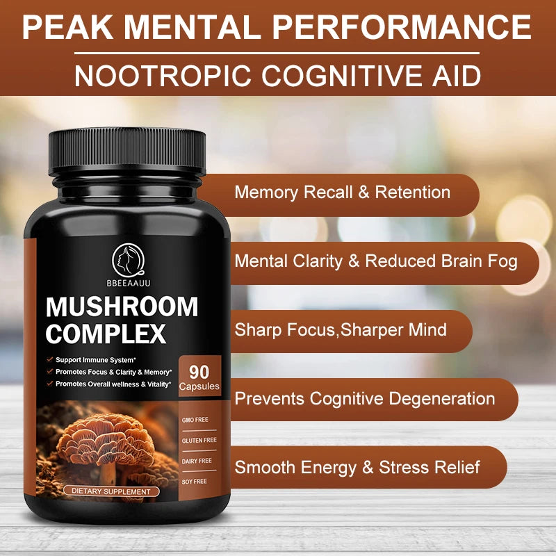 BBEEAAUU Mushroom Complex Capsules Support Energy, Digestion,Focus,Memory & Brain Overall Health Support Dietary Supplement