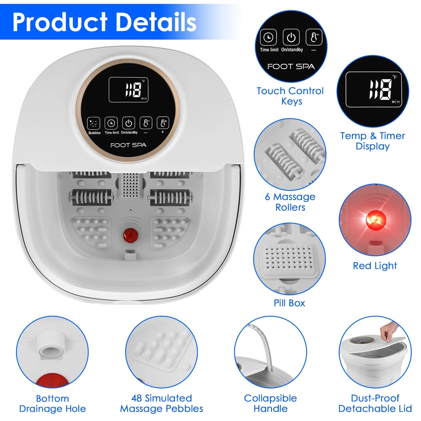 Foldable Foot Spa Massager With Remote, 24 Heating Levels, Rollers