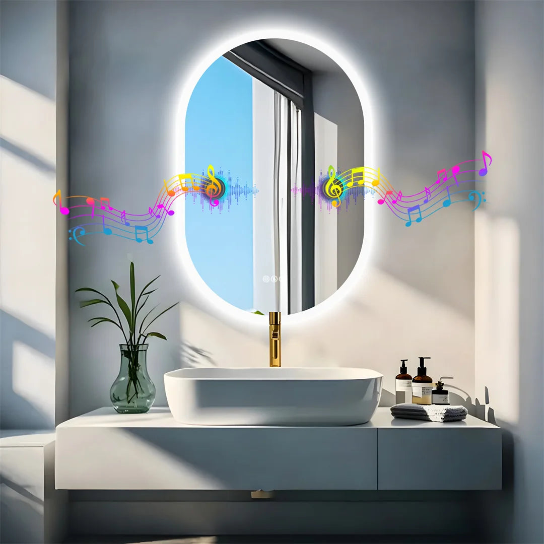 60x90cm Smart Frameless LED Mirror Bathroom, Wall Mounted with Bluetooth Speaker, 3 Color Dimmable Anti-Fog IP44 Waterproof Vanity Mirror for Home