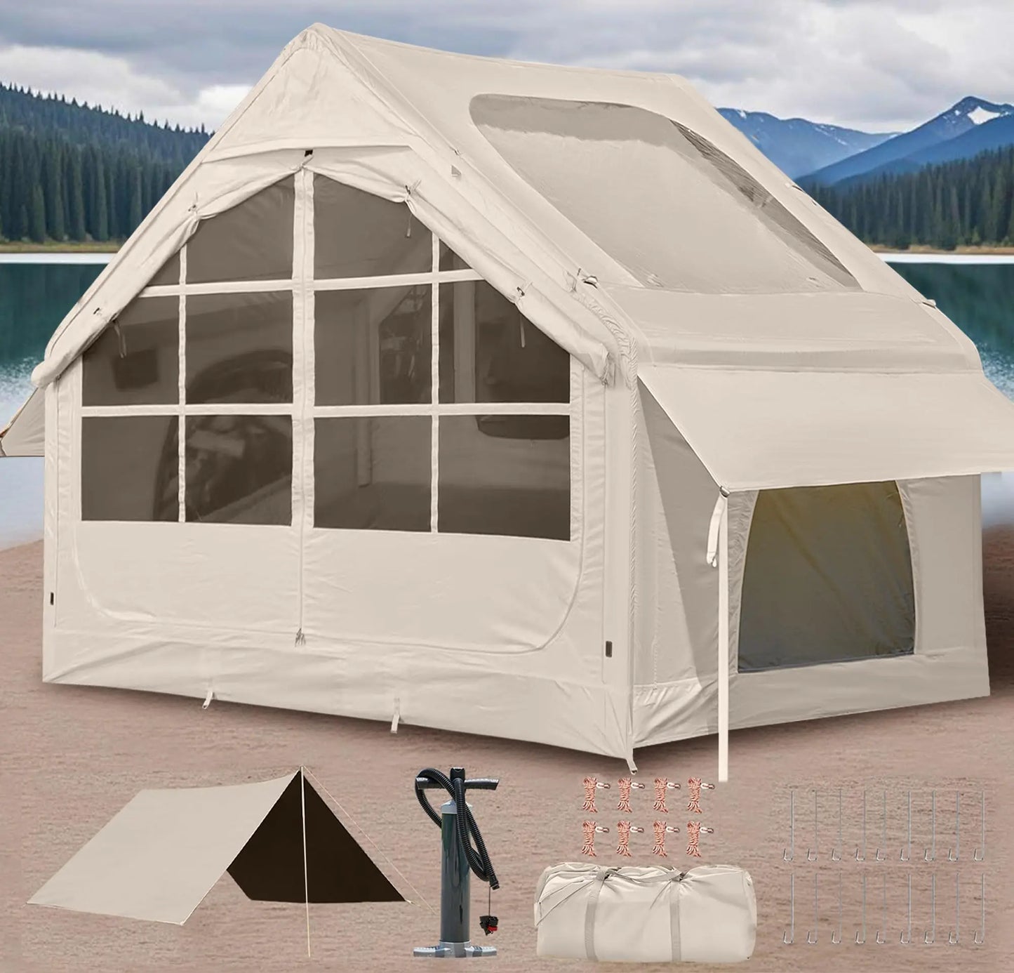 Inflatable Camping Tent With Awning Quick Setup Waterproof Oxford Tent For Adults