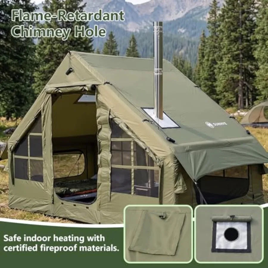 Camping inflatable tent with waterproof Oxford fabric, beige, easy setup via pump for 2/3/4 persons, all-season hot cabin air t
