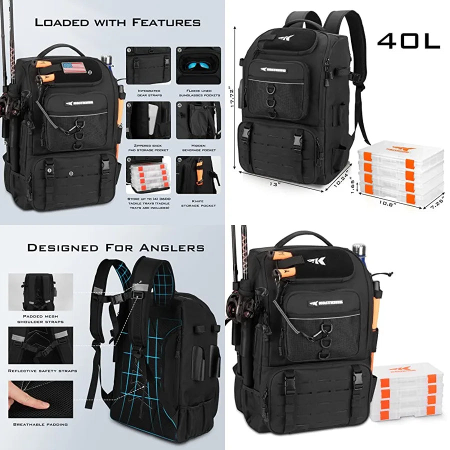 KarryAll Fishing Tackle Backpack with Rod Holder 4 Tackle Boxes, 40/26L Tackle Bag Storage Fishing Gear and Equipment