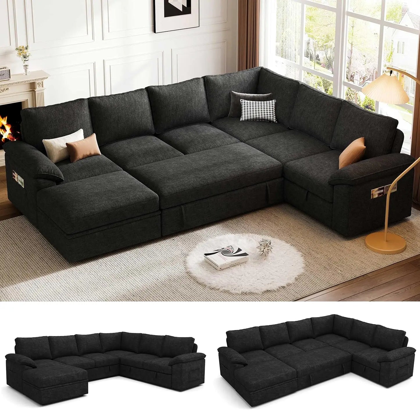 108 Inch Modular Sectional Sofa with Pull Out Bed, U Shaped 7 Seat Sectional Sleeper Sofa with Storage, Sectional, Customized