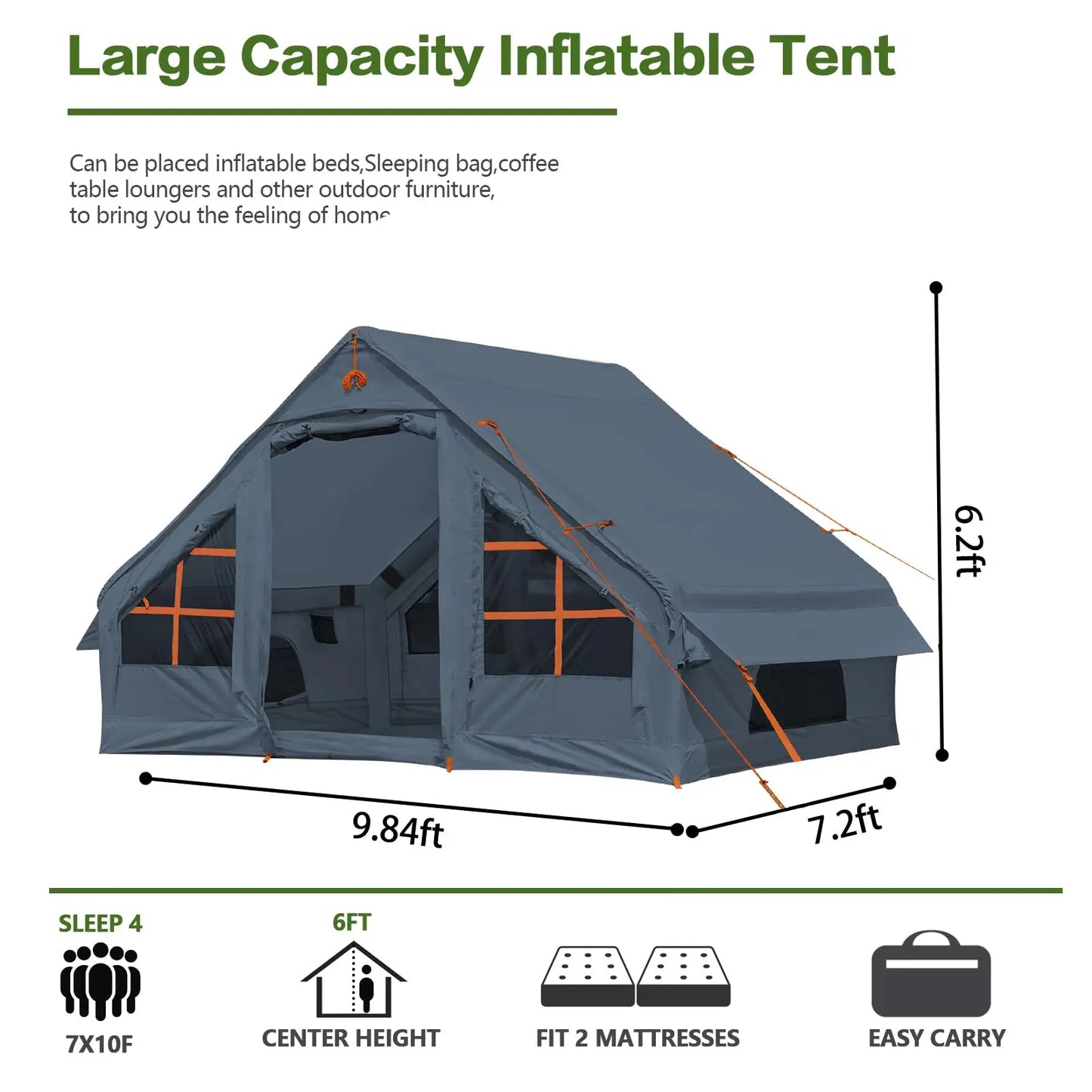 Inflatable Camping Tent With Awning Quick Setup Waterproof Oxford Tent For Adults