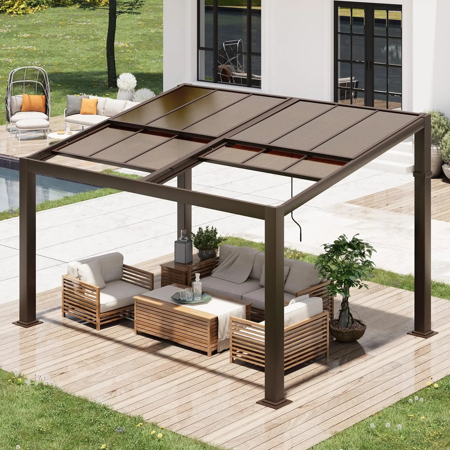 10x13 Adjustable Polycarbonate Roof Aluminum Frame Permanent Pergola for Patio Outdoor Shelter, Custom