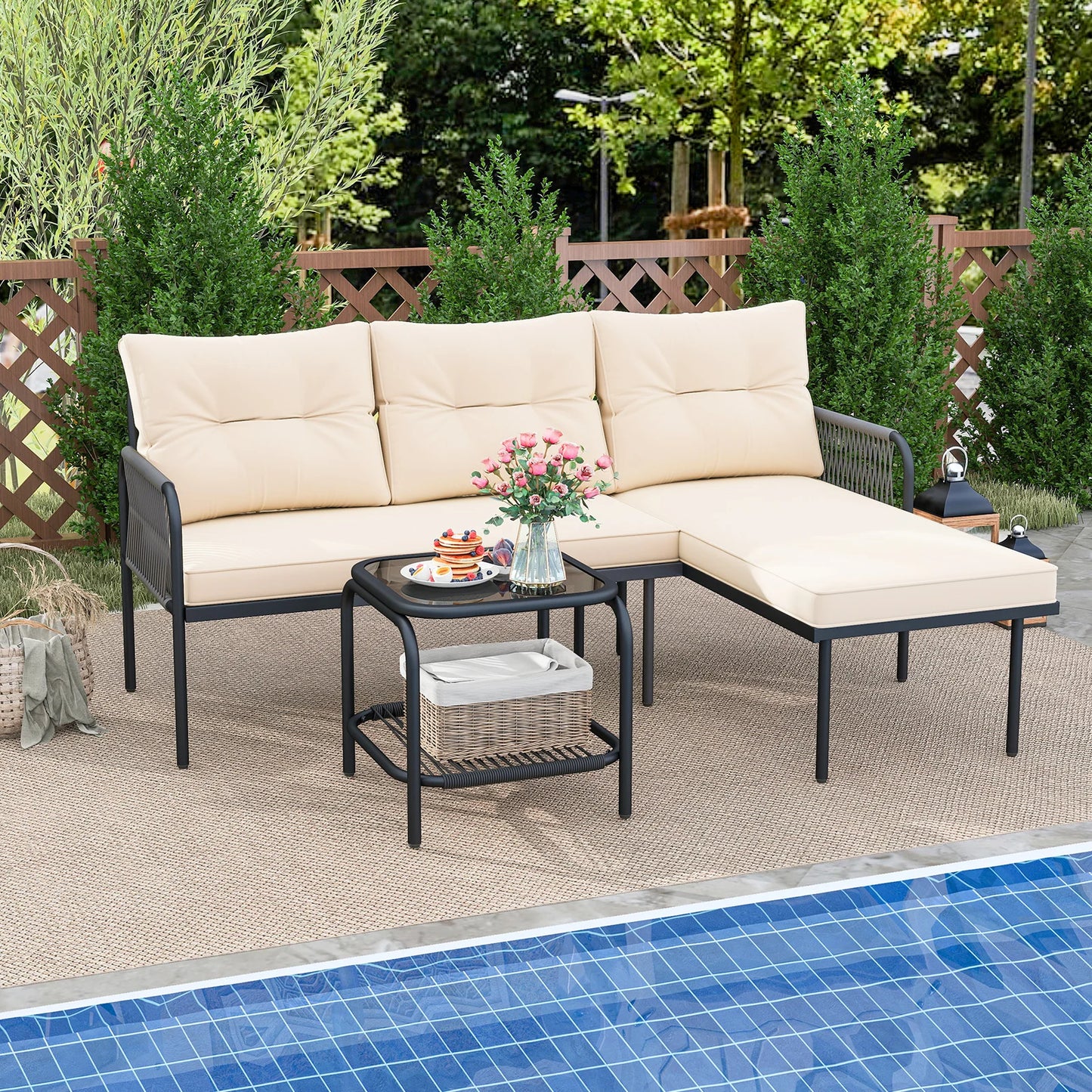 3-Piece L Shaped Patio Furniture Set w/Tempered Glass Table Back & Seat Cushions