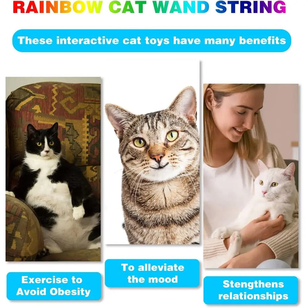Cat Wand Toys Interactive Kitten Toys Indoor Cats Colorful Teaser Wand String Exercise Kitten Stick Kitty Rope Toy Rainbow Ribbo