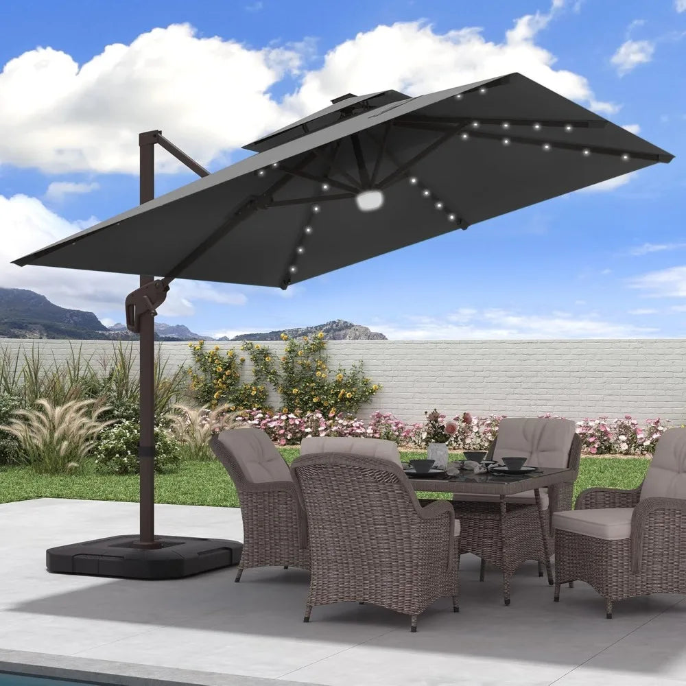 9x9 FT Outdoor Cantilever Patio Umbrella with Base Included and Solar LED Lights, Large Heavy Duty 2-Tier Square, Customized