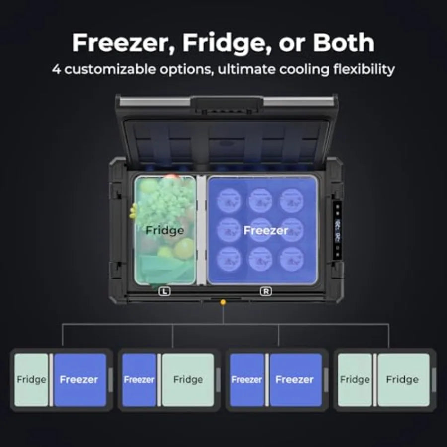 12V Portable Refrigerator for Overlanding, Camping, RV: 55 Qt Dual Zone Compressor Cooler, Black, APP Control, 12/24V DC 110240