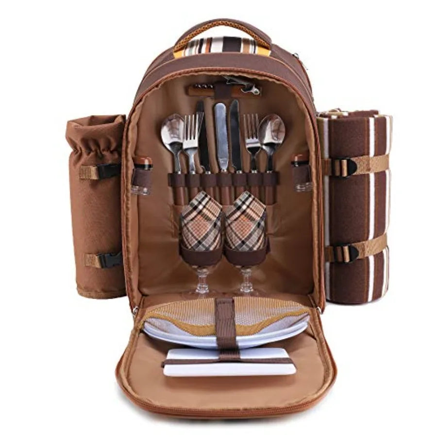 Picnic Backpack Bag for with Cooler Compartment, Detachable Bottle/Wine Holder, Fleece Blanket, Plates and Cutlery