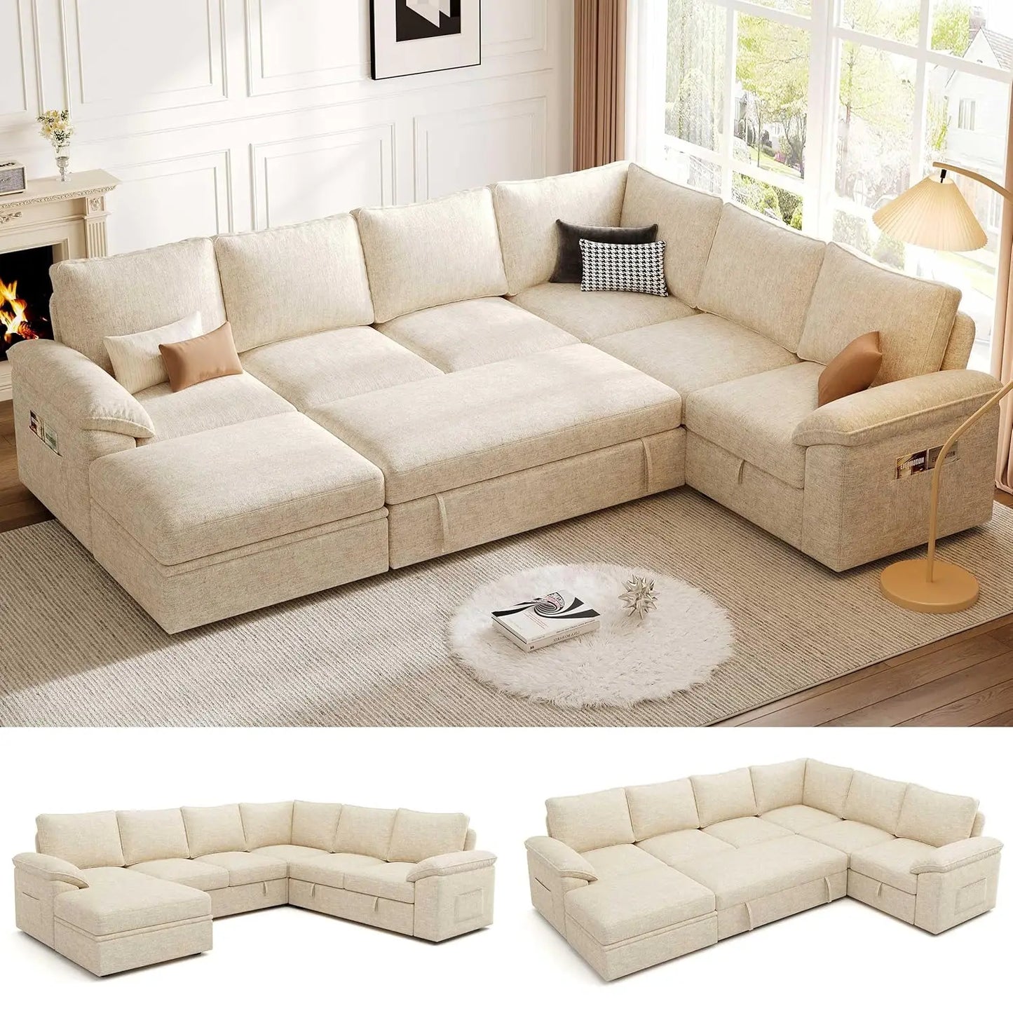 108 Inch Modular Sectional Sofa with Pull Out Bed, U Shaped 7 Seat Sectional Sleeper Sofa with Storage, Sectional, Customized