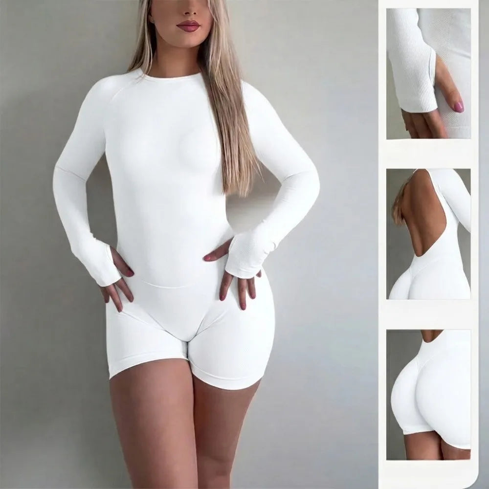 Women Long Sleeve Yoga Jumpsuit Shorts Seamless Knit Open Back One Piece Workout Romper Nylon Stretch Gym Jumpsuit Breathable Cycling Outdoor Sports Fitness Training Daily Activewear
