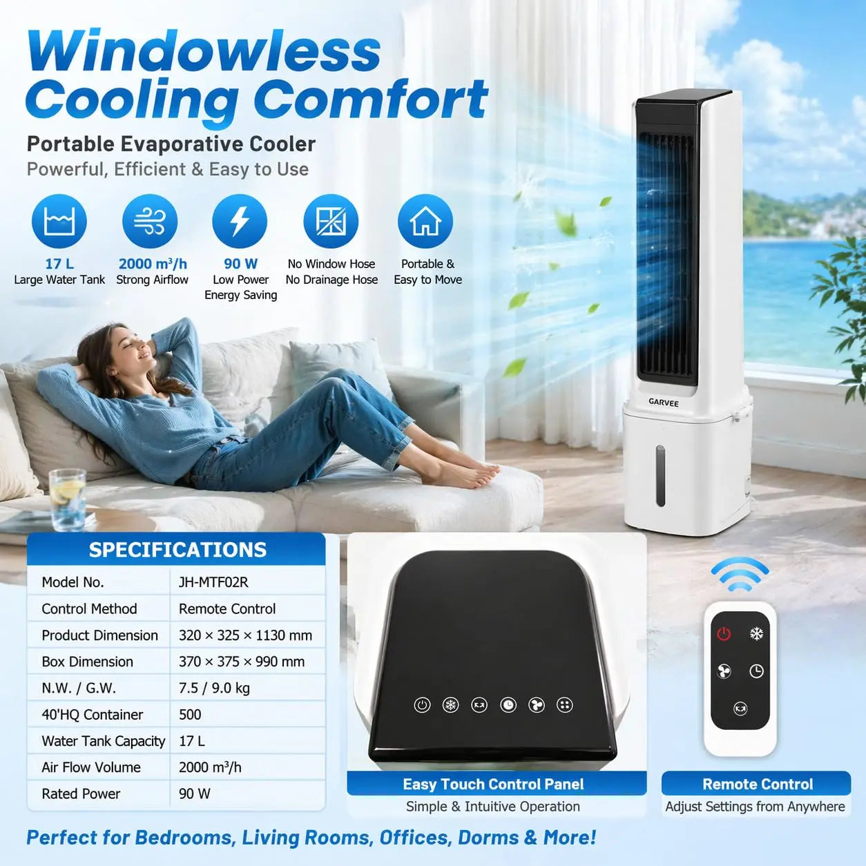 Portable Air Cooler Fan With Mist, Remote Control, 3 Speeds, 1600ml Tank, 2/4/8H Timer, Quiet Cooler For Bedroom Office Desk Use