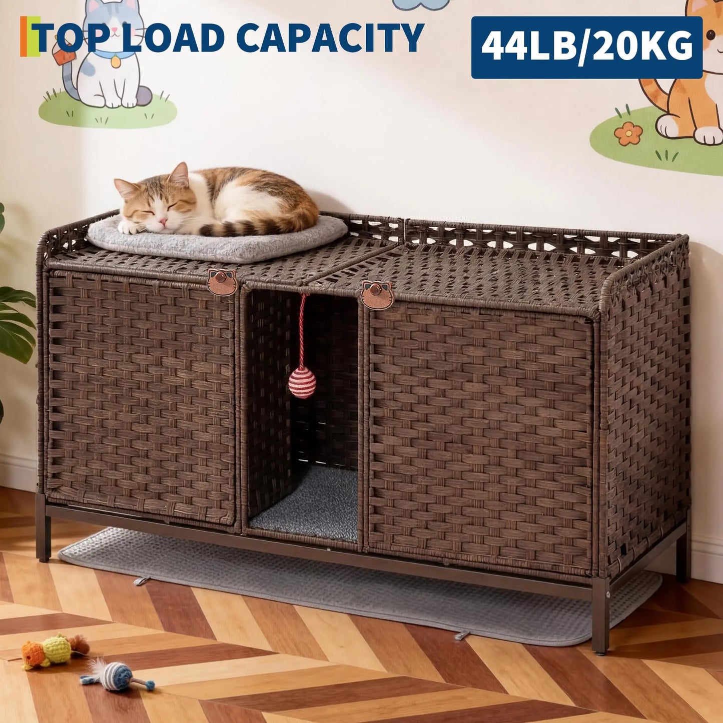 Rattan Double Cat Litter Box Enclosure - Hidden Cabinet for 2 Cats with Removable Mat, Play Game & S-Shaped Hooks - Large Decorative Cat Washroom Furniture for Living Room or Bedroom