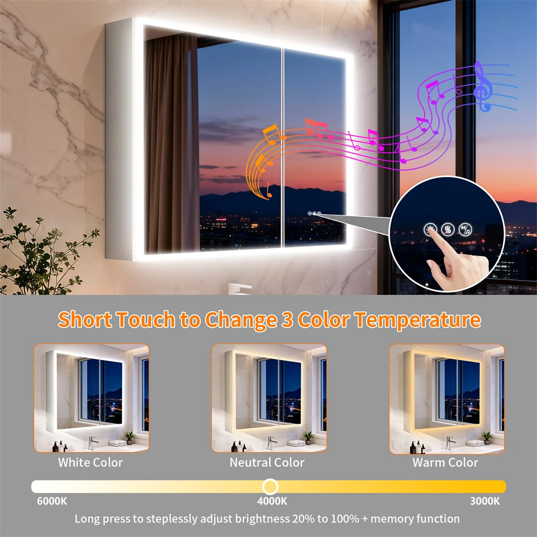 LUVODI Double Door LED Bluetooth Bathroom Mirror Cabinet,Lighted Vanity Cabinet 80x70cm,Adjustable Glass Shelves