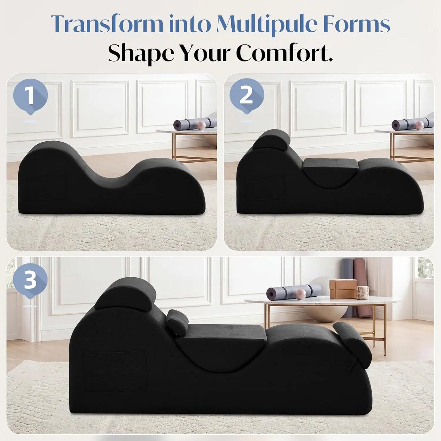 Ergonomic Yoga Chaise Lounge Indoor Side Pockets Lumbar Pillow Stretching Exercise Home, Customized