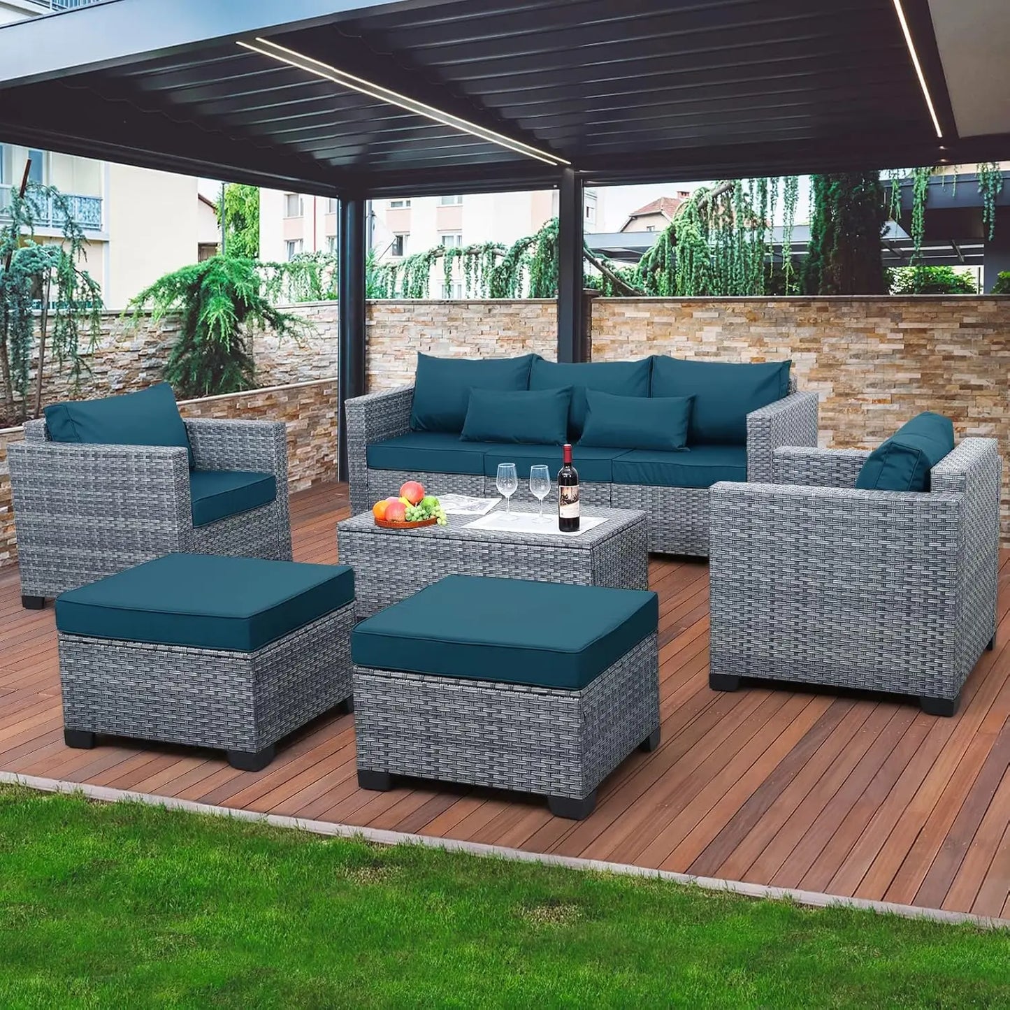 6 Pieces Wicker Patio Furniture Sets Outdoor Conversation Set HDPE Rattan Sectional Sofa Couch with Storage Table, Customized