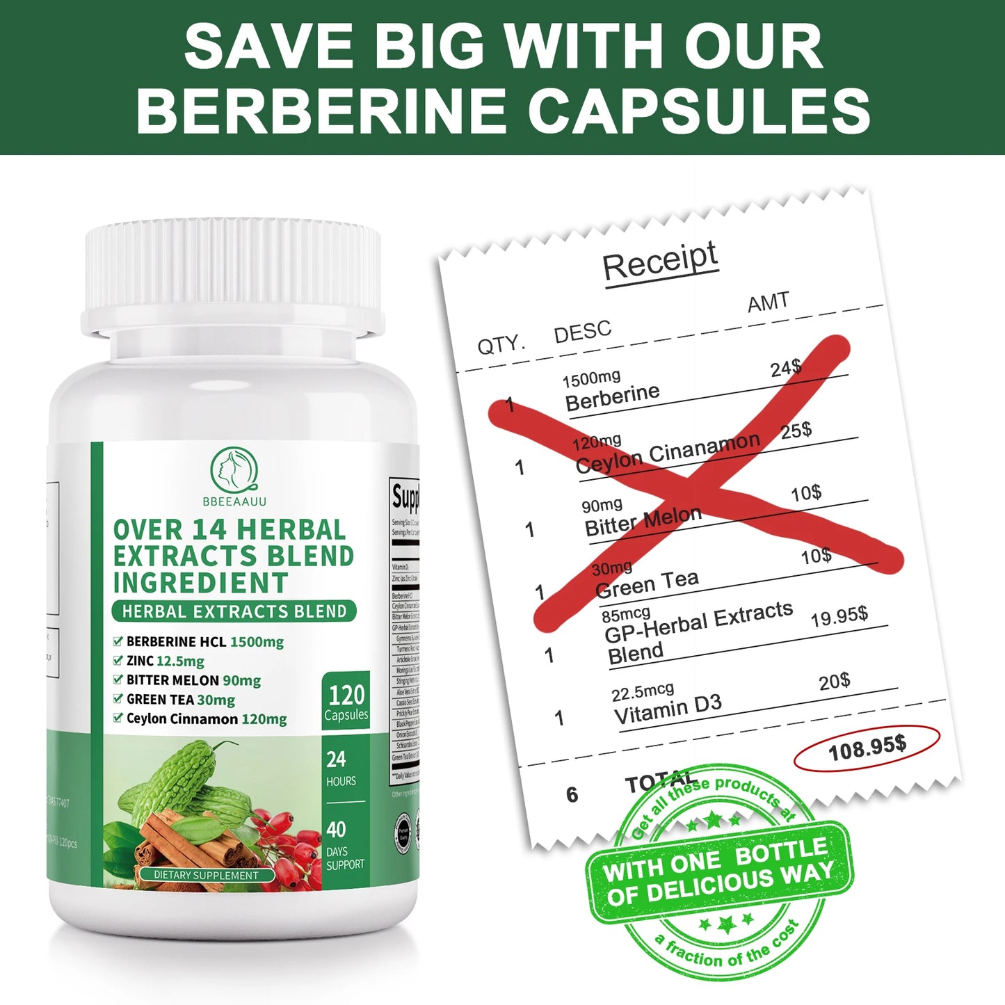 BBEEAAUU 1500MG Berberine HCL with Cinnamon, Bitter Gourd Promotes Liver Function, Gut Health, Immunity Health
